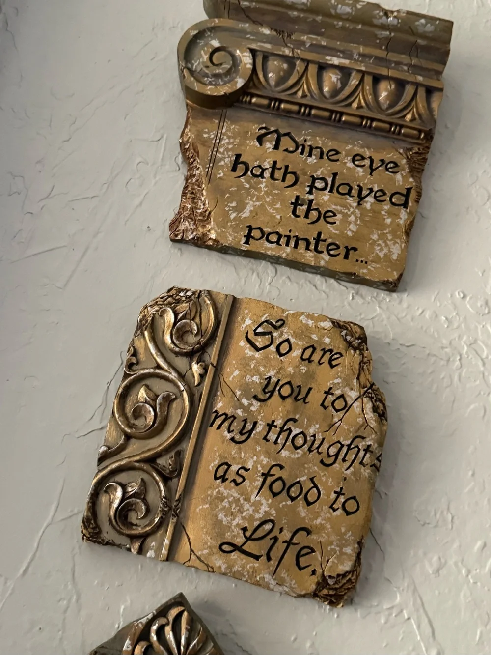 Shakespeare Quote gilded faux-stone architectural Wall Plaques Set of 3